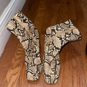 Snake print square toe booties